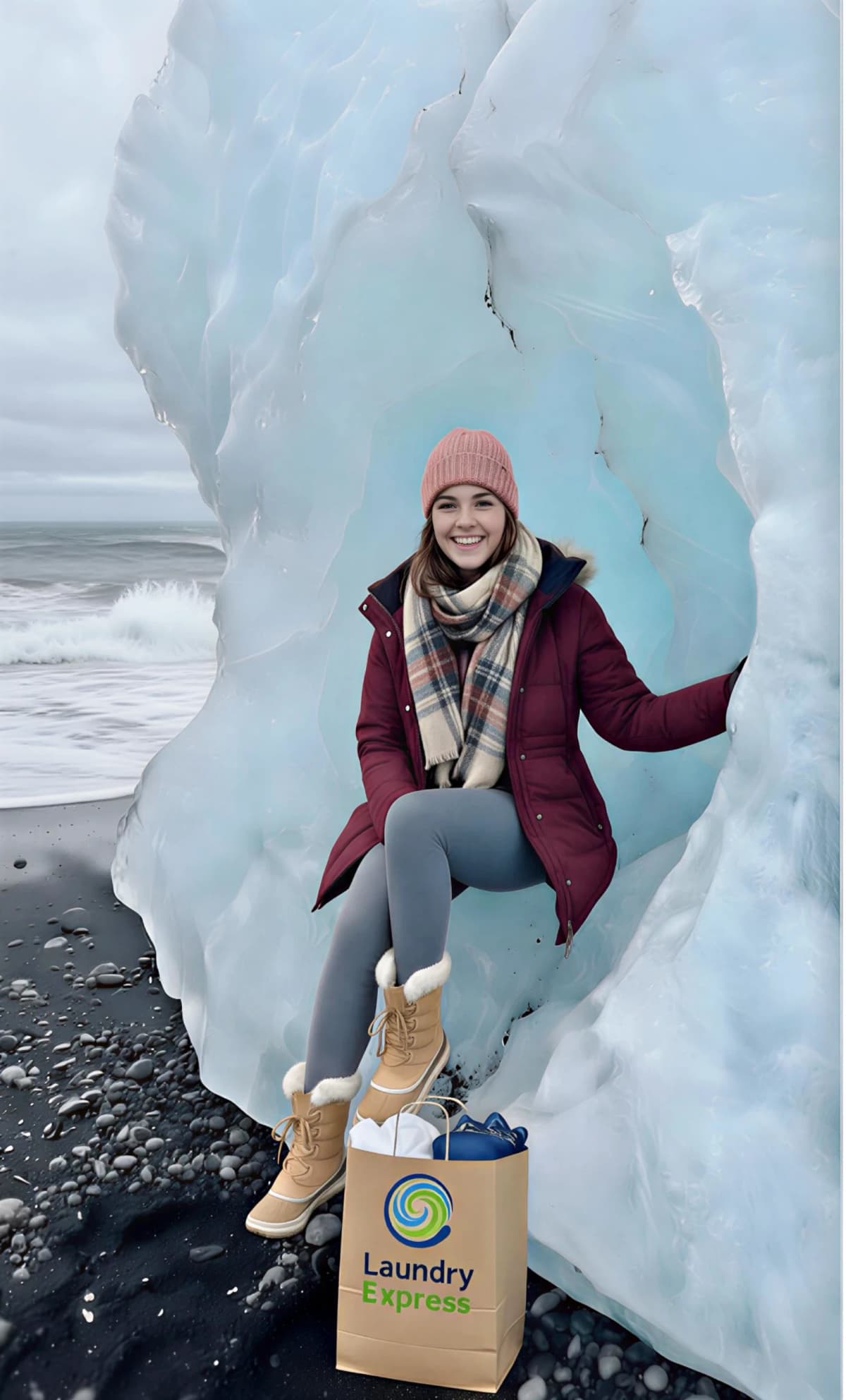 Traveler with Laundry Express bag at glacier beach in Iceland